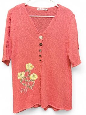 Lulu-B Coral Pink Knit Button-Front Top with Yellow Floral Detail MEDIUM